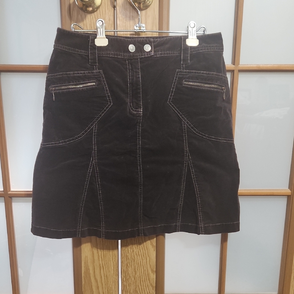 Gitano Vintage A Line 4 Pocket Front Zip Brown Velour Stretch Size 8 Skirt